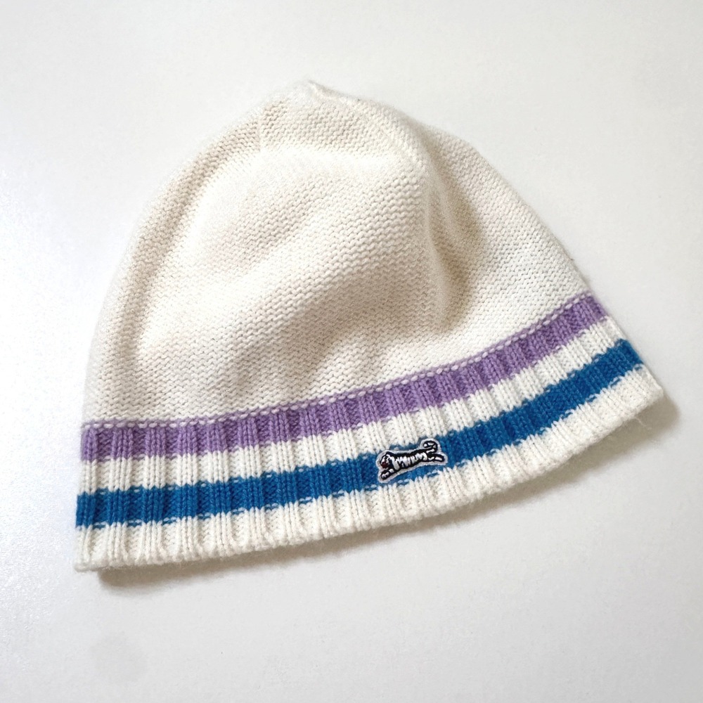 Le Tigre Beanie One Size Cream Purple Blue Striped Knit Tiger Logo Hat
